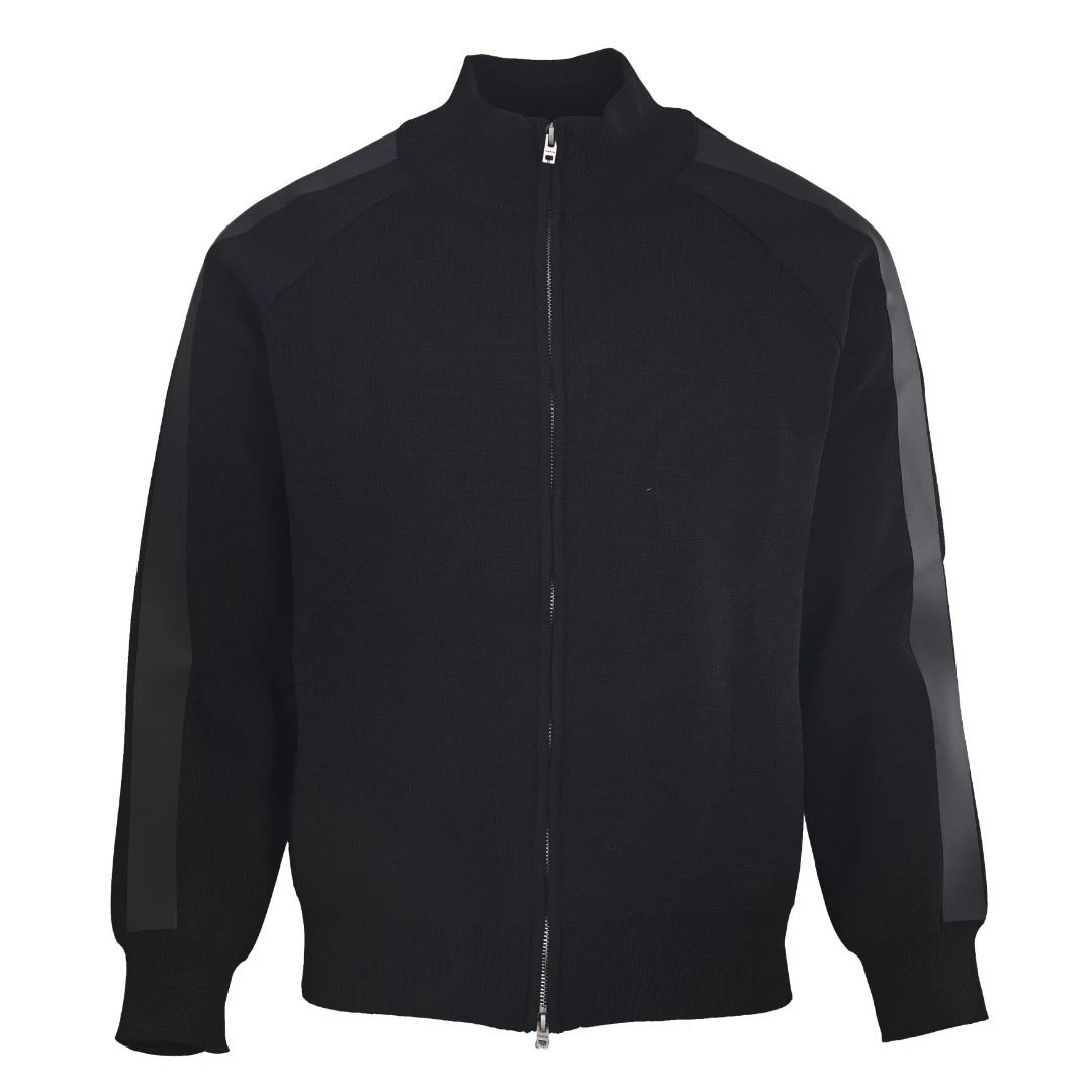 Black zip-front knit jacket on a hanger