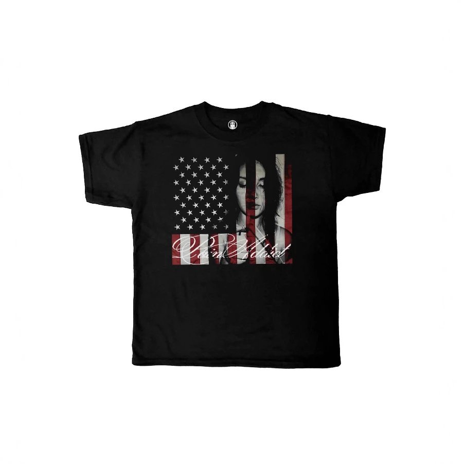 Black graphic T-shirt laid flat