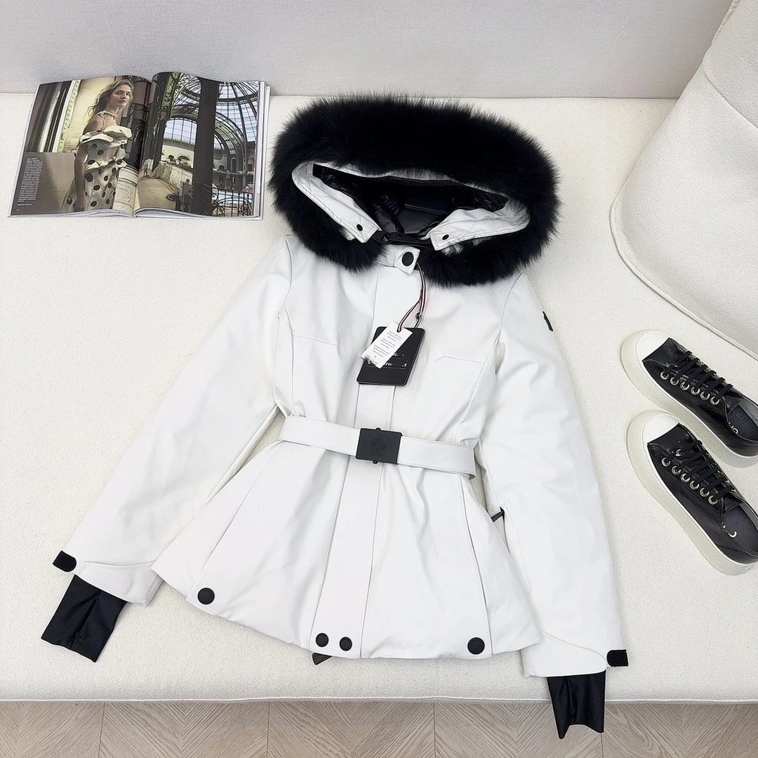 White hooded parka with belt and fur trim