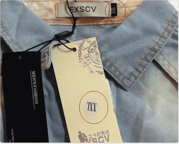 Close-up QC photo of a garment hang-tag used to verify brand and size against a listing